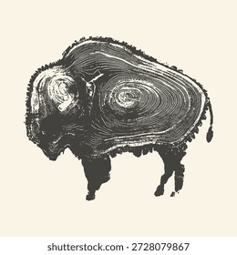 A creative black and white illustration of a bison silhouette filled with the intricate concentric patterns of tree growth rings.
