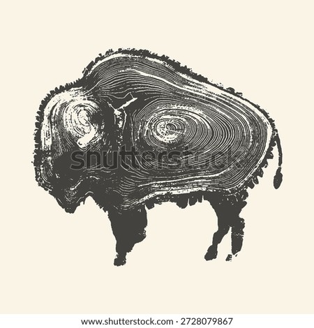 A creative black and white illustration of a bison silhouette filled with the intricate concentric patterns of tree growth rings.
