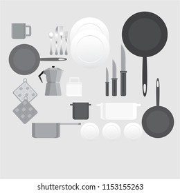 Creative black and white kitchen equipment illustration for web and print minimalistick flat vector cartoon