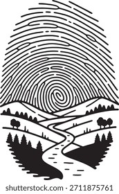 Una ilustración creativa de líneas en blanco y negro donde las crestas de una huella digital forman el contorno de un paisaje con colinas onduladas, un río sinuoso que fluye por el centro y grupos de