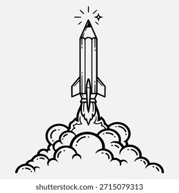 Una ilustración creativa en blanco y negro que representa un lápiz transformado en un cohete que se lanza hacia arriba, dejando un rastro de humo y nubes. Simboliza la creatividad, la innovación y el progreso.