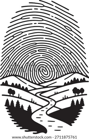 A creative black and white line art illustration where the ridges of a fingerprint form the outline of a landscape featuring rolling hills, a winding river flowing through the center, and clusters of