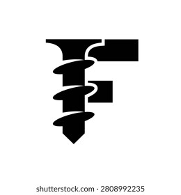 Creative black and white logo design combining the letter F with a screw, symbolizing strength, construction, or fastening. Ideal for industrial branding and business identity.