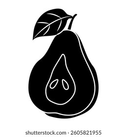 Creative black and white outline illustration of an avocado with a leaf attached on top