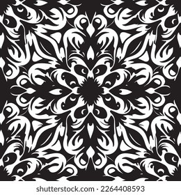 Creative black and white paper with a modern baroque design and botanical elements. The curve of the plant and coat of arms add to the classic backdrop of the image. Symmetry and geometric patterns
