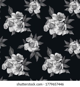 Kreative schwarz-weiße, nahtlose Illustration Rosenblumen auf schwarzem Hintergrund. Design-Stoffmuster, angesagte Blumenhintergründe.