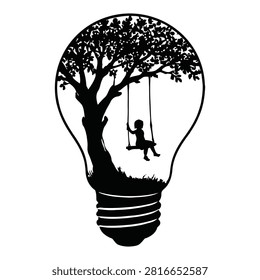 A creative black and white silhouette illustration featuring a child playing on a swing hanging from a tree branch trapped inside a light bulb. This artistic design represents imagination, childhood, innovation, and creative thinking concepts.