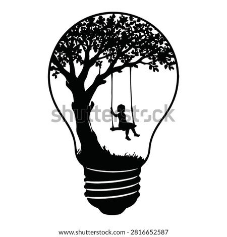 A creative black and white silhouette illustration featuring a child playing on a swing hanging from a tree branch trapped inside a light bulb. This artistic design represents imagination, childhood, innovation, and creative thinking concepts.