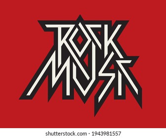Creative black and white stylized lettering Rock Music. Vector logo, emblem, label, badge or design element isolated on a red background. Cool print for t-shirt, tattoo or graffiti in modern style