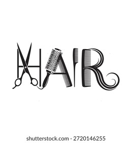 Diseño creativo de tipografía en blanco y negro deletreando "HAIR" utilizando herramientas de barbero como tijeras, peine y cepillo, perfecto para la marca de salón y conceptos de peinado.