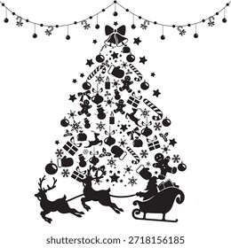  Árbol de Navidad de Vector blanco y negro creativo compuesto de varios iconos de vacaciones, con un trineo y reno en la base, perfecto para obras de arte o tarjetas de vacaciones únicas.