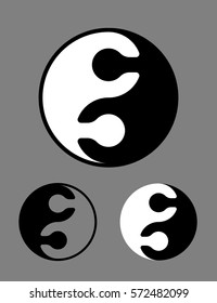 Creative black and white Yin Yang symbol of interlocked jigsaw puzzle pieces conceptual of harmony, zen, meditation, opposites in Chinese philosophy, vector illustration in three different variants