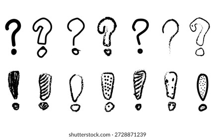 Creativos signos de interrogación dibujados a mano en blanco y negro y puntos de exclamación en estilo de crayón texturizado perfectos para carteles, Diseño gráfico, arte tipográfico, materiales educativos y proyectos visuales expresivos.