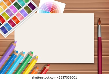 Cartel en blanco creativo con lápices de colores y hoja de dibujo, pinturas de acuarela y pincel de arte en superficie de madera. Uso como Anuncio publicitario, cubierta del cuaderno, página del Diseño web.