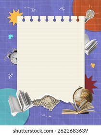 A creative blank template designed for Back to school notes and ideas, featuring educational motifs such as books and a globe.
