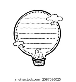 Creative blank template for text featuring a cute bunny in a hot air balloon with clouds and stars;