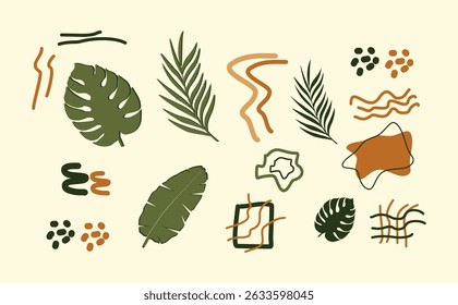 A creative blend of tropical foliage and abstract organic lines in earthy tones. The dynamic composition offers a stylish and natural vibe, ideal for design accents or eco-inspired themes.