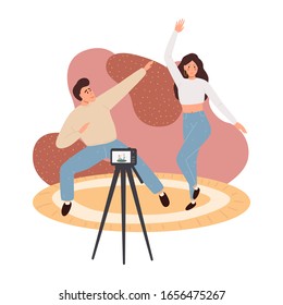 Creative blog content vector illustration concept, people recording content video for their channel, video marketing, can use for, landing page, template, web, poster, banner, flyer