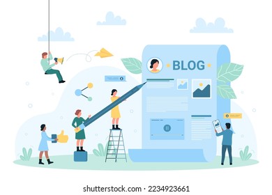 Creative blog post, content creation vector illustration. Cartoon tiny people create article with images and video for social media, author blogger storytelling and writing with pencil on paper