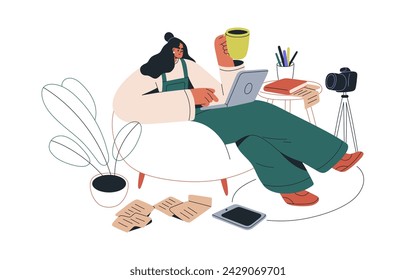 Creative blogger planning content, creating ideas for video blog. Creator, screenwriter at laptop, works under script, plot for vlog. Flat graphic vector illustration isolated on white background