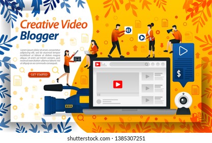 Creative Blogger video. Vlog Studio for editing. online influencer, vlogger and selebgram, concept vector ilustration. can use for landing page, template, ui, web, mobile app, poster, banner, flyer