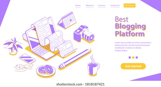 Creative Blogging, Content Marketing Strategy, Commercial Blog Posting and Copywriting. Landing Page Template. 3D Isometric Flat Vector Conceptual Illustration.