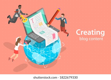Creative Blogging, Content Marketing Strategy, Commercial Blog Posting and Copywriting. 3D Isometric Flat Vector Conceptual Illustration.