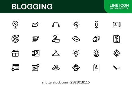 Creative Blogging Icons. Outline and Filled Designs for Blogs, Websites, and Social Media Content