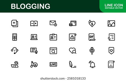 Creative Blogging Icons. Outline and Filled Designs for Blogs, Websites, and Social Media Content