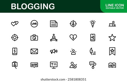 Creative Blogging Icons. Outline and Filled Designs for Blogs, Websites, and Social Media Content