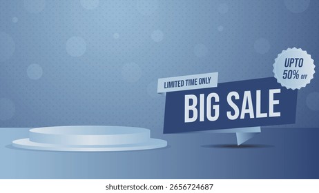 Fondo azul creativo con podio y texto en negrita de gran venta ideal para promociones de descuento Anuncios anuncios folletos y ofertas especiales de tiempo limitado en medios digitales o impresos