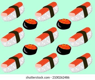 Creative blue background of rolls with caviar and Japanese sushi with crab sticks. For logos and banners. The concept of delicious, healthy and Japanese food. Vector illustration.