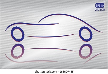 Creative blue car outline on metallic background. Easy to edit eps10 vehicle vector. Blue and red transportation emblem vector. 