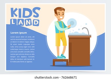 Creative blue card with place for text and cute boy character washing the dishes in tap. Kid doing a home cleanup. Colorful flat style vector illustration.