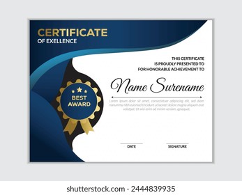 Creative Blue Leistungszertifikat Vorlage mit goldenem Abzeichen-Design