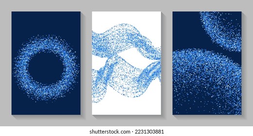 Creativa textura de dispersión de grano de confeti azul. Ilustración de partículas de estrella de círculo cuadrado triangular. Decoración de vacaciones. Contenti de polvo de gránulos de lujo. Decoración de fiesta salpicadura de estrellas