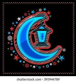 Creativa luna de luna azul con lámpara colgante sobre las estrellas decoradas de fondo para el Mes Sagrado de la Comunidad Musulmana, celebración Ramadan Kareem.