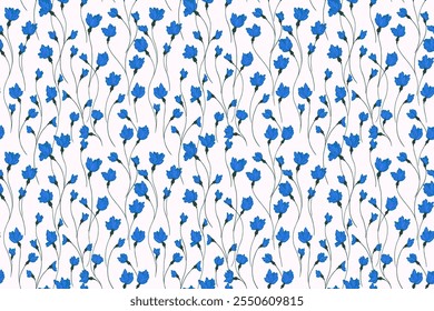 Subgrupos florales azules creativos en un patrón entrelazado sobre un fondo blanco. Abstractas ramas artísticas con diminutas flores Pequeñas cogollos sin estampado. Dibujo a mano de Vector. Ornamento simple para los diseños