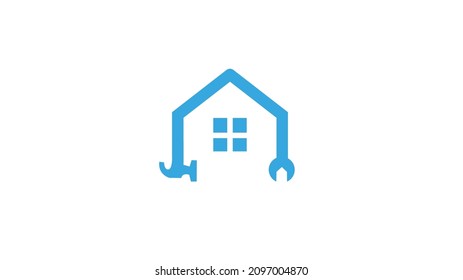 creative blue house wrench logo vector symbol