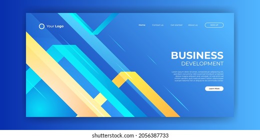 Creative blue landing page website screen part for responsive web design project development. Abstract geometric banner layout mock up. Corporate landing page block vector illustration template.