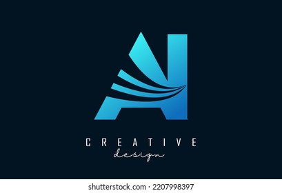 Creative blue letter AI A I logo with leading lines and road concept design. Letters with geometric design. Vector Illustration with letter and creative cuts and lines.