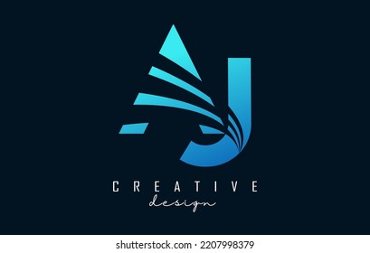 Letra azul creativa logotipo de AJ A J con líneas principales y diseño de concepto de carreteras. Cartas con diseño geométrico. Ilustración vectorial con letras y líneas y cortes creativos.