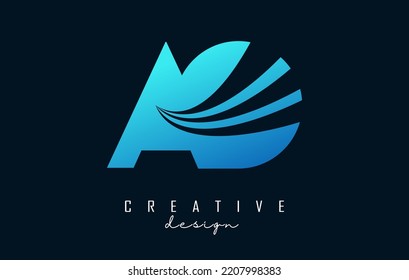 Creative blue letter AO A O logo with leading lines and road concept design. Letters with geometric design. Vector Illustration with letter and creative cuts and lines.