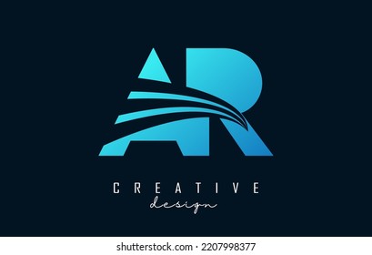 Creative blue letter AR A R logo with leading lines and road concept design. Letters with geometric design. Vector Illustration with letter and creative cuts and lines.