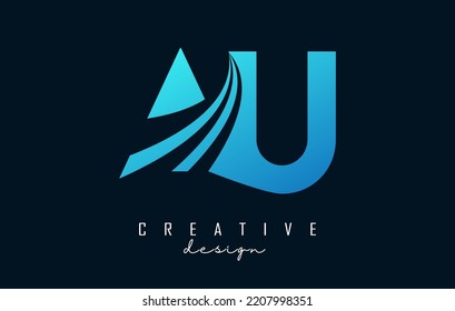 Letra azul creativa logotipo Au A u con líneas principales y diseño de concepto de carreteras. Cartas con diseño geométrico. Ilustración vectorial con letras y líneas y cortes creativos.