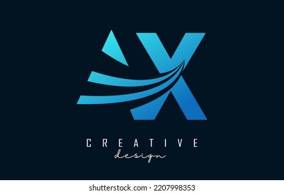 Letras azul creativas logotipo de AX A X con líneas líderes y diseño de concepto de carreteras. Cartas con diseño geométrico. Ilustración vectorial con letras y líneas y cortes creativos.