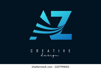 Creative blue letter AZ A Z logo with leading lines and road concept design. Letters with geometric design. Vector Illustration with letter and creative cuts and lines.