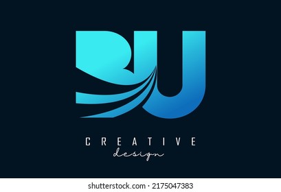 Creative blue letter BU b u logo with leading lines and road concept design. Letters with geometric design. Vector Illustration with letter and creative cuts and lines.