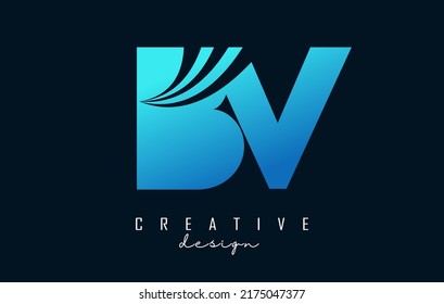 Leyenda azul creativa BV b v logotipo con líneas líderes y diseño de concepto de carreteras. Cartas con diseño geométrico. Ilustración vectorial con letras y líneas y cortes creativos.