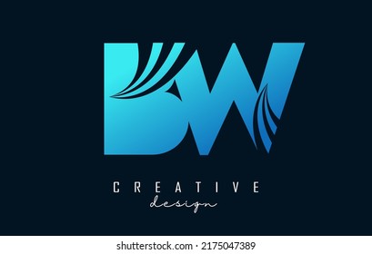 Creative blue letter Bw b w logo with leading lines and road concept design. Letters with geometric design. Vector Illustration with letter and creative cuts and lines.